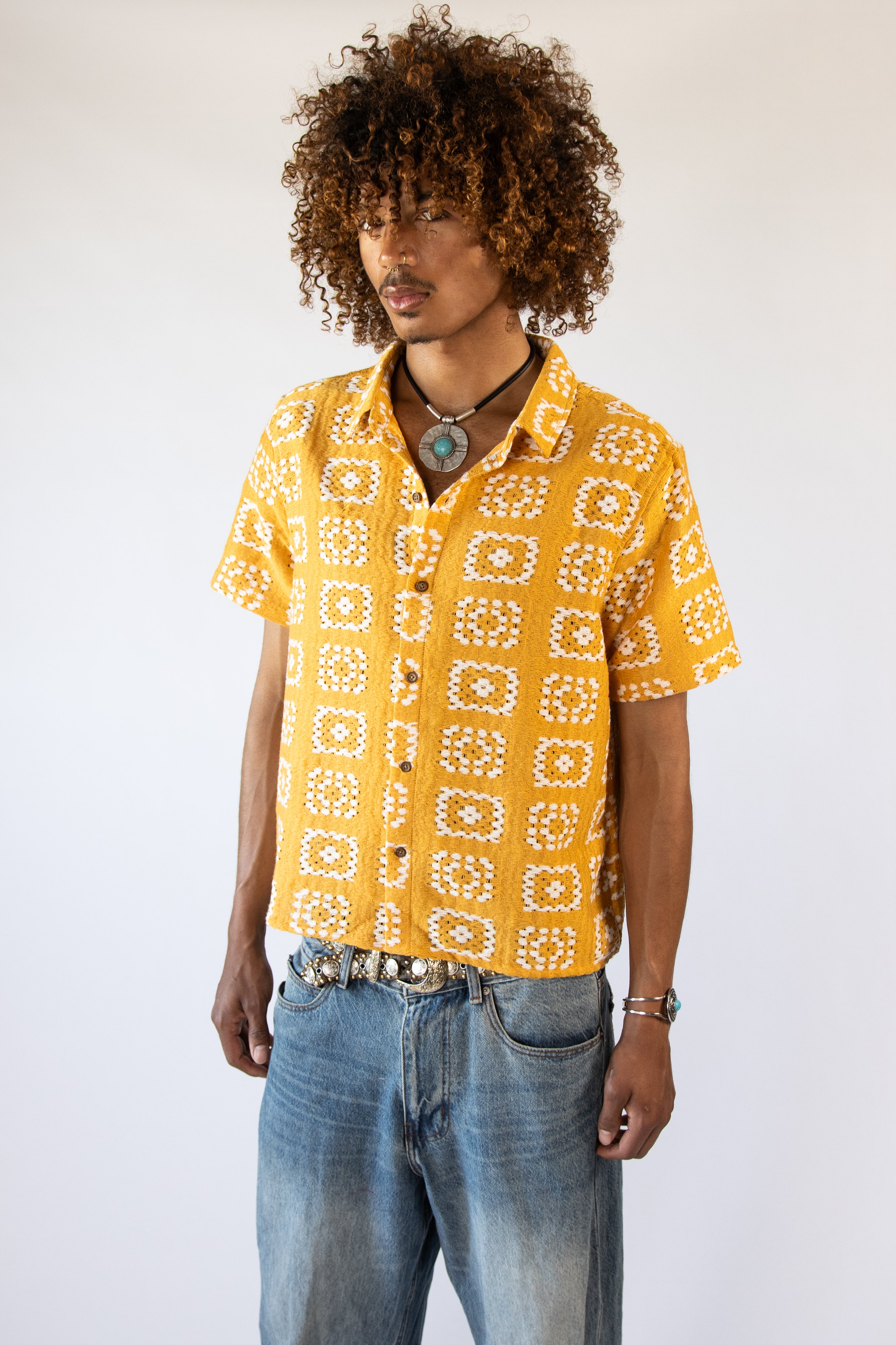 Woven Granny Square Print Button Up Shirt