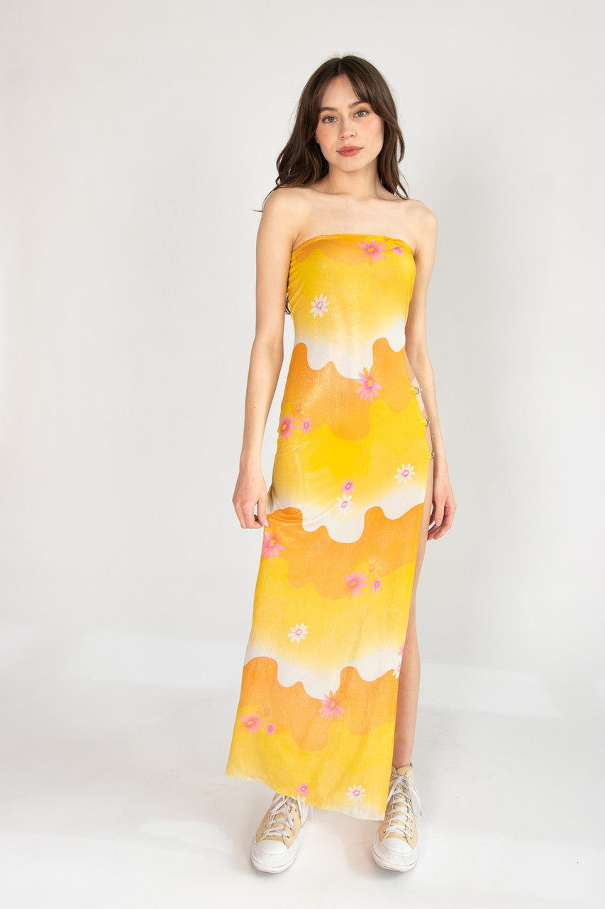 maxi beach cover up dress Vintage Y2K Floral Cover-Up – Ragstock Size:18 (EU20) Light Yellow Pleated Drop attr:organza Maxi dresses A gauzy