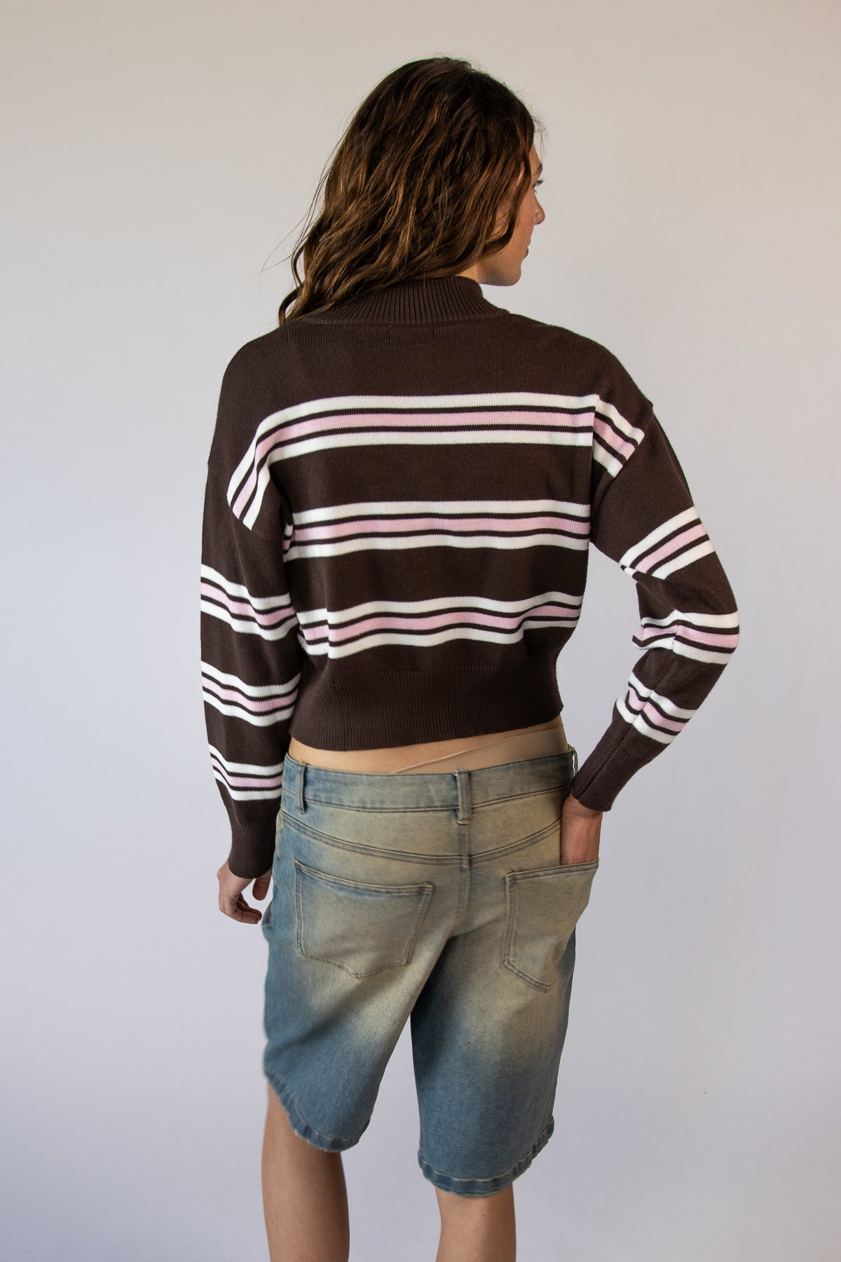 Striped Mock Neck Zip Cardigan