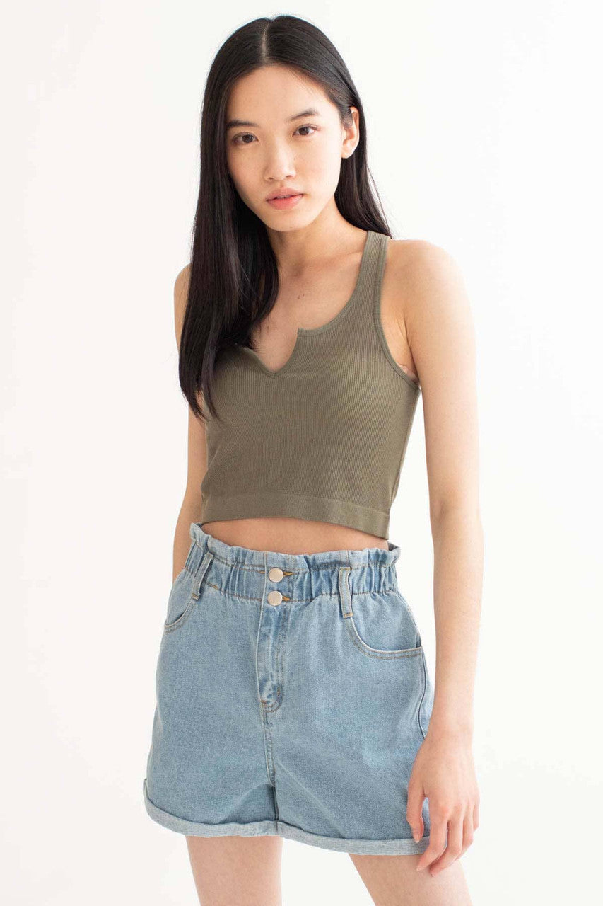 Army Green Seamless Notched Ribbed Crop Tank