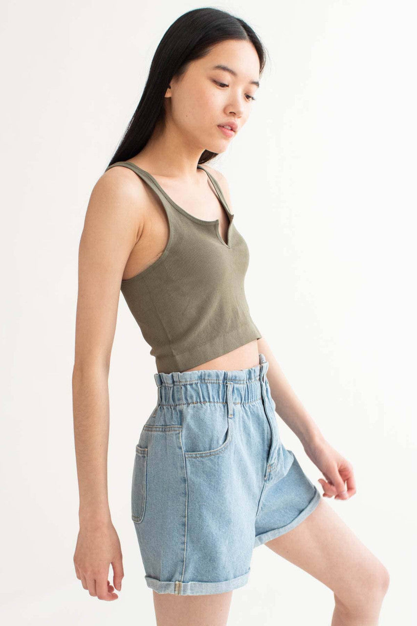 Army Green Seamless Notched Ribbed Crop Tank