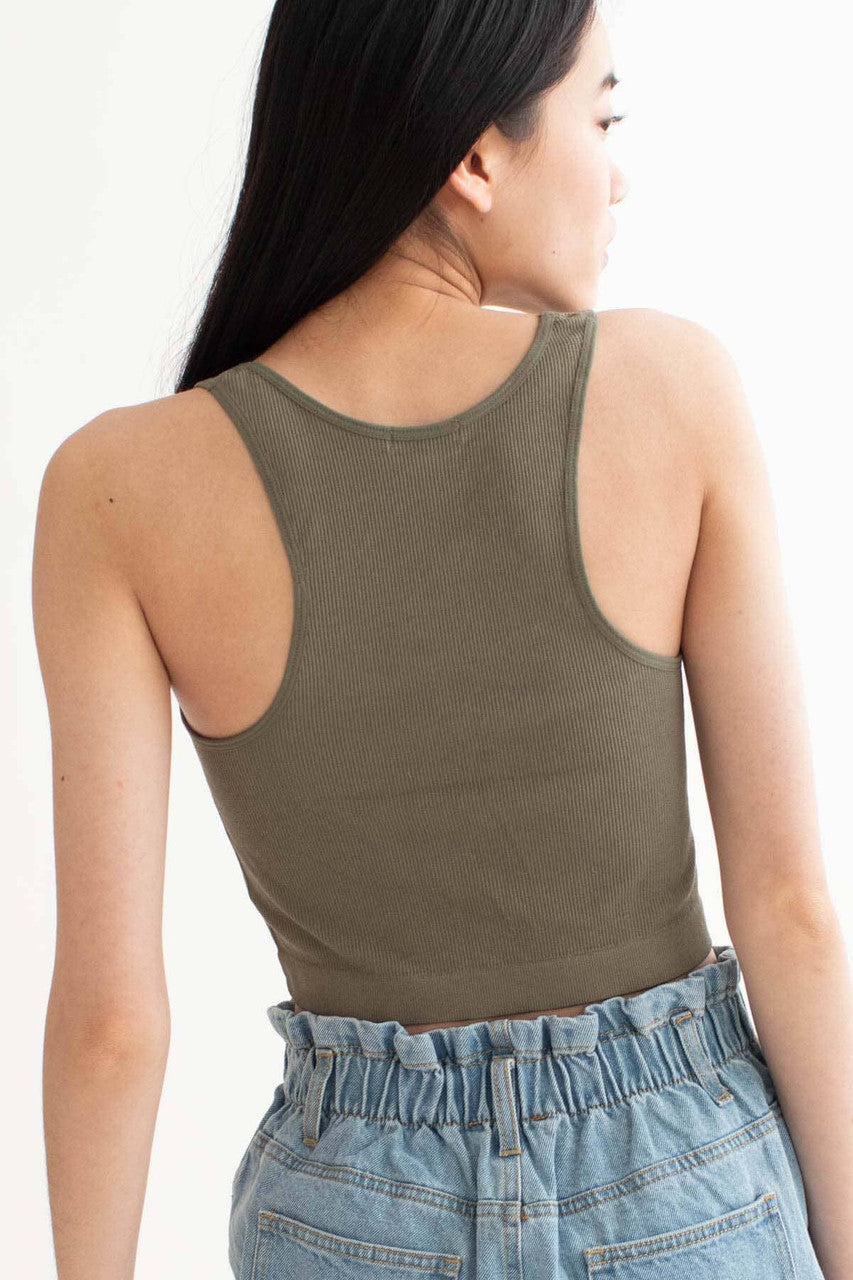 Army Green Seamless Notched Ribbed Crop Tank