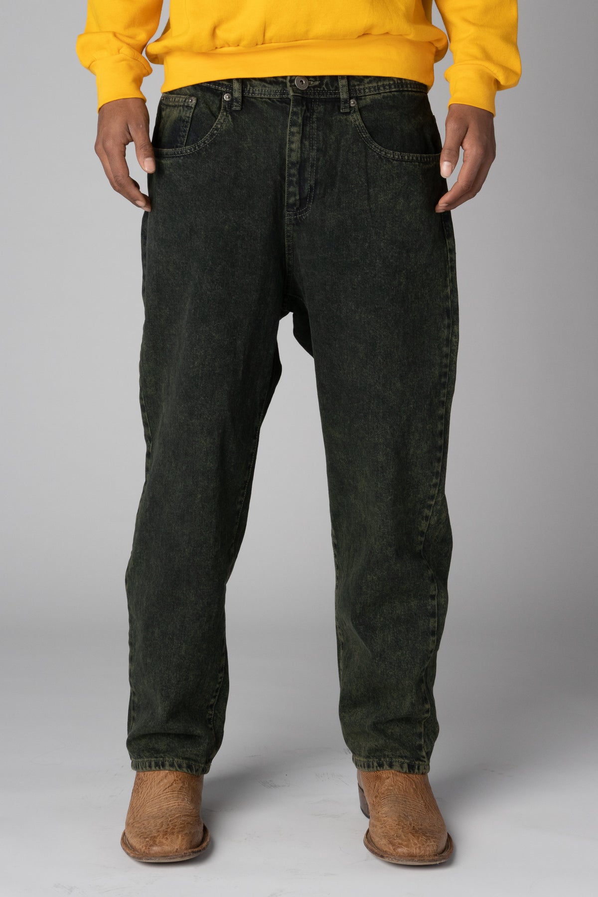Men's relaxed fit acid wash dark green denim jeans
