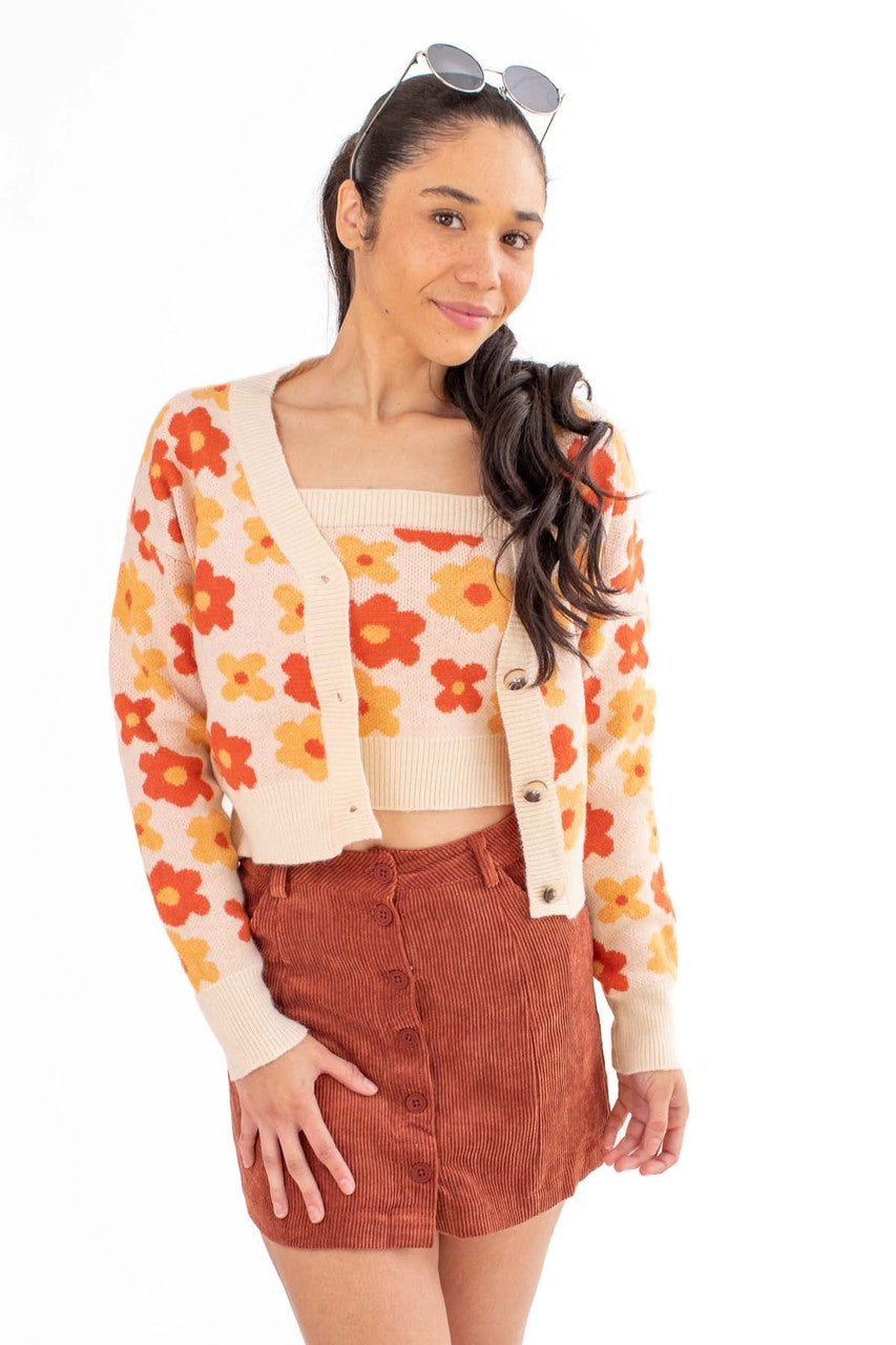 Beige Daisy Print Cardigan