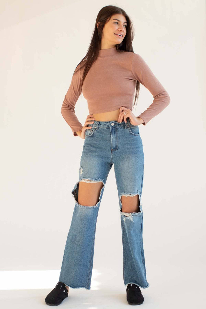Beige Mock Neck Cropped Sweater