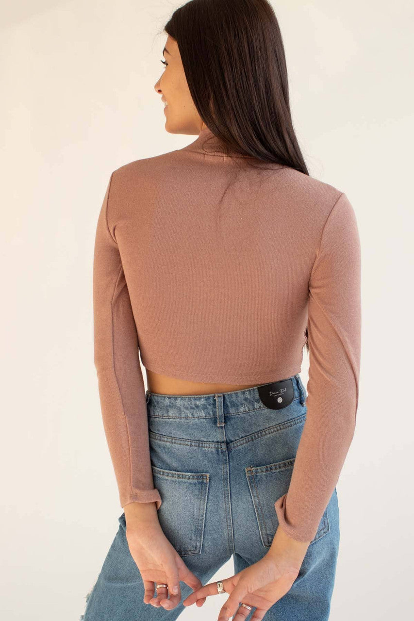 Beige Mock Neck Cropped Sweater