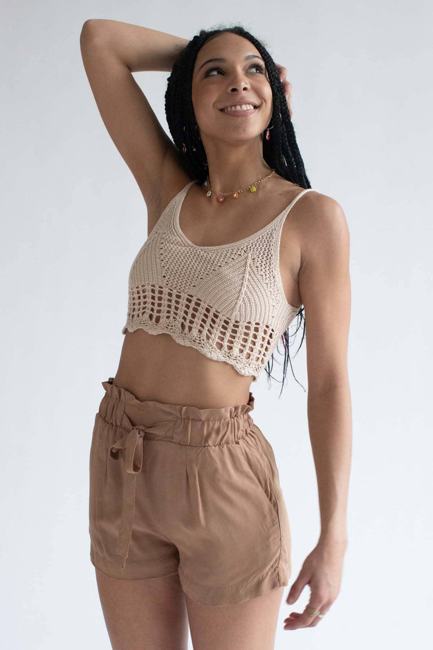 Beige Net Knit Crop Cami