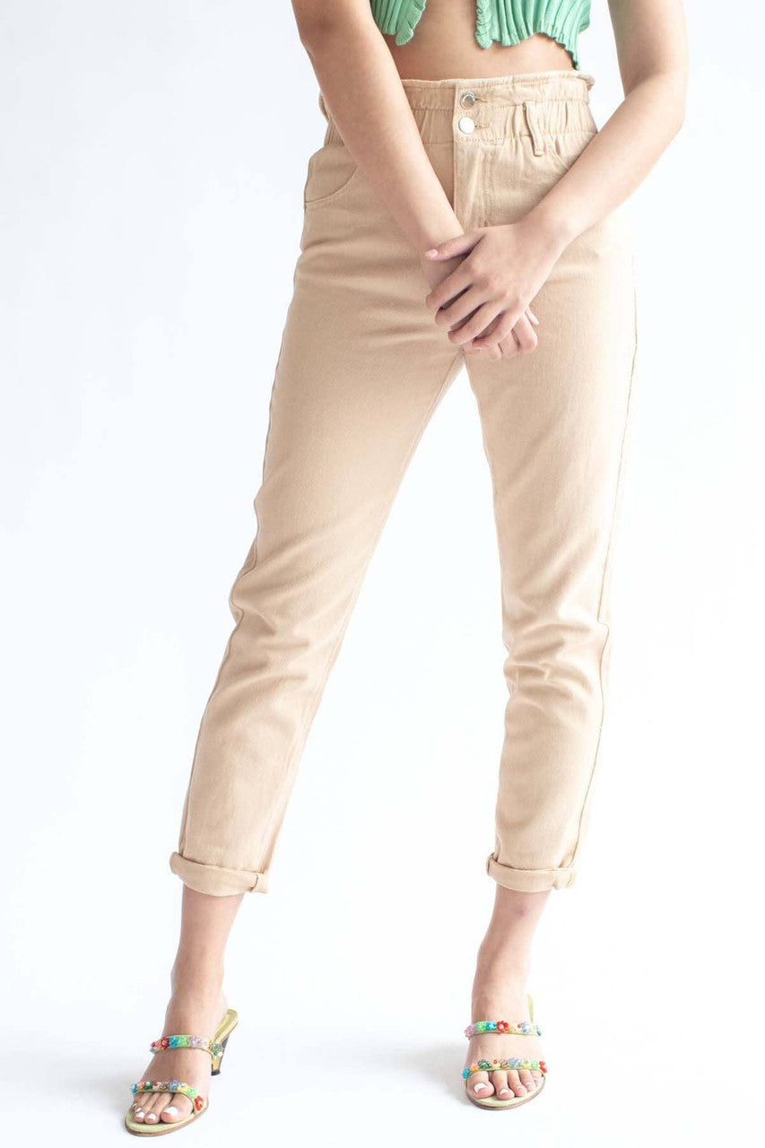 Beige Paper Bag Waist Jeans