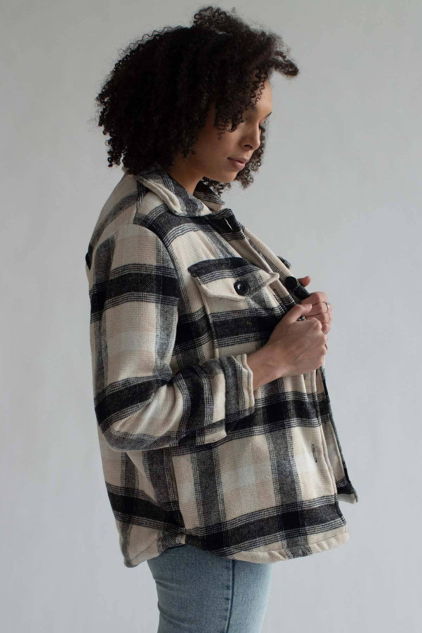 Beige & Black Plaid Lined Shacket