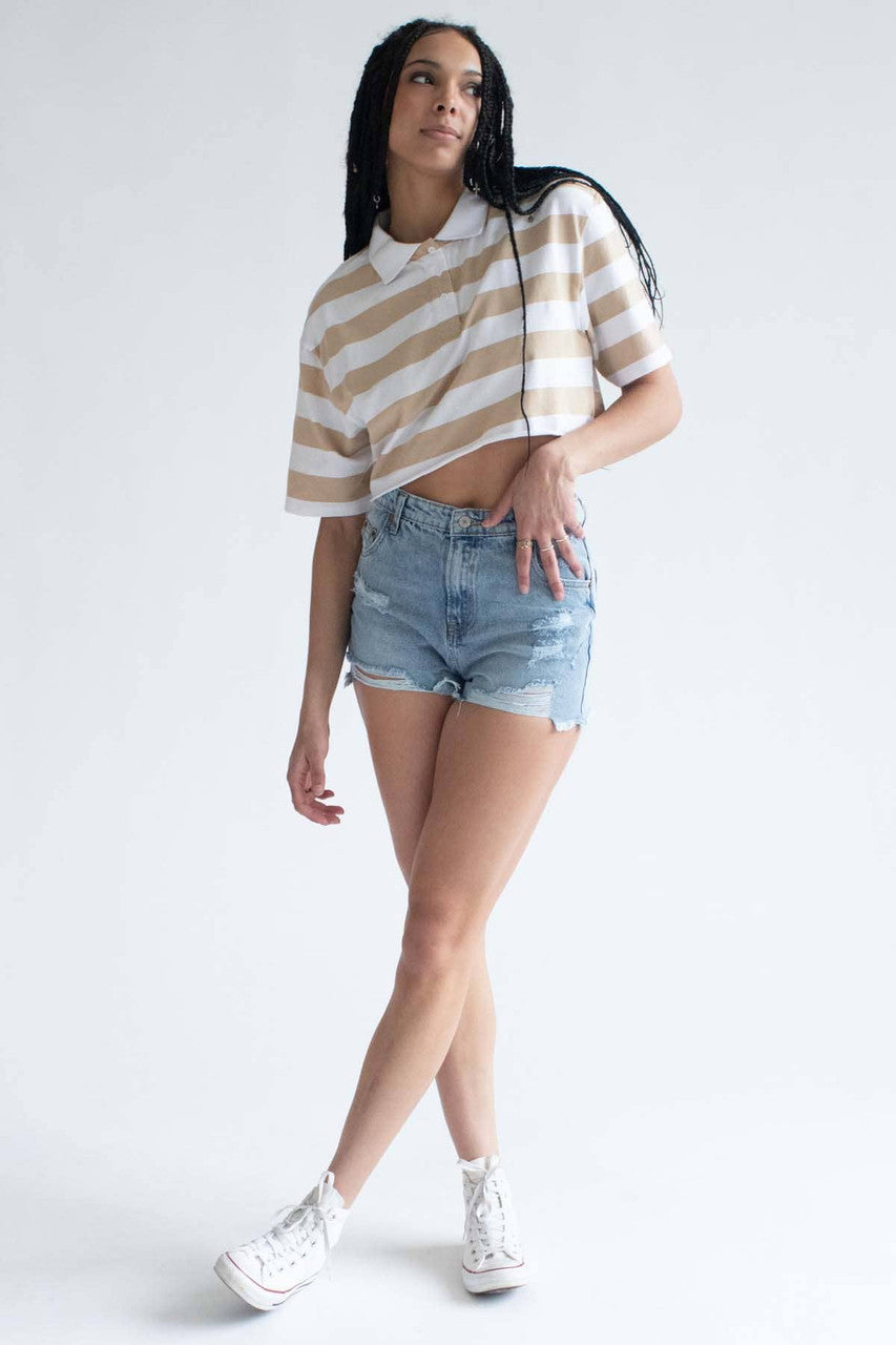 Beige Striped Boxy Cropped Polo