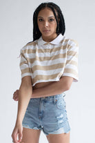 Beige Striped Boxy Cropped Polo