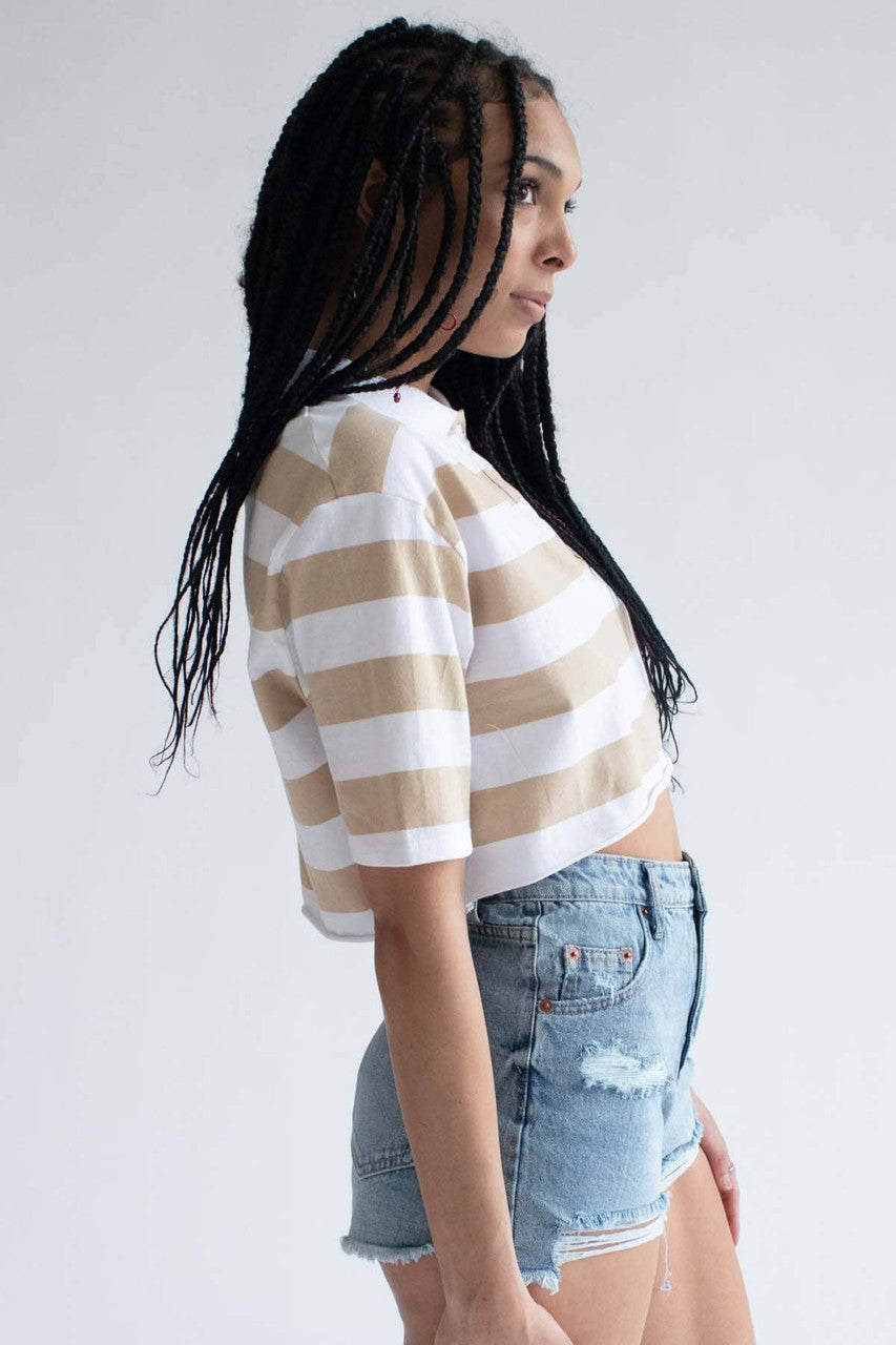 Beige Striped Boxy Cropped Polo