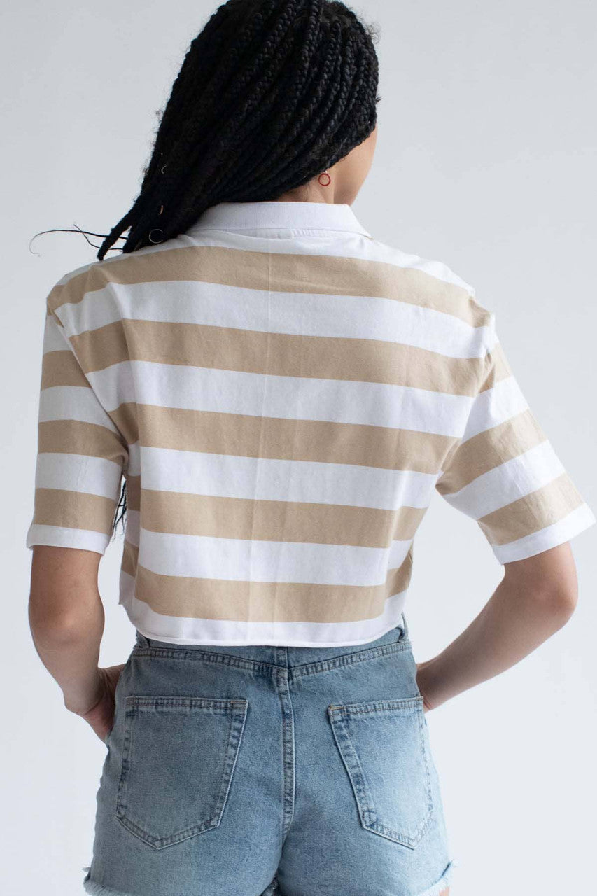 Beige Striped Boxy Cropped Polo