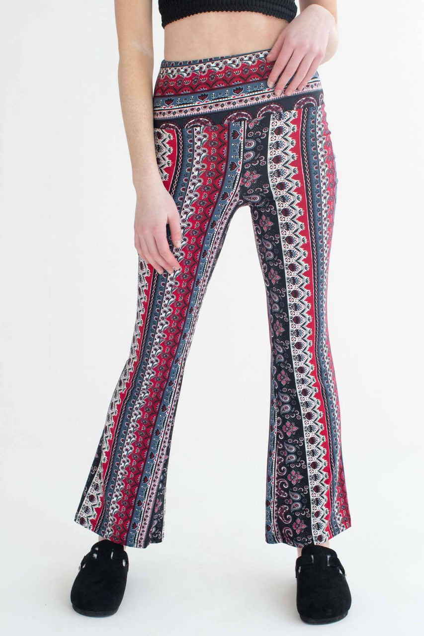 Burgundy Prairie Floral Border Print Bell Bottoms