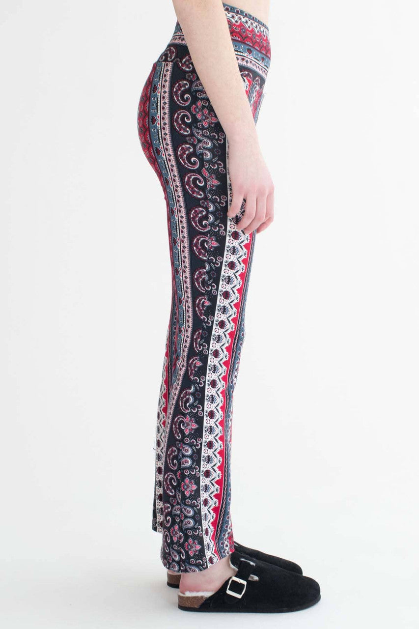 Burgundy Prairie Floral Border Print Bell Bottoms