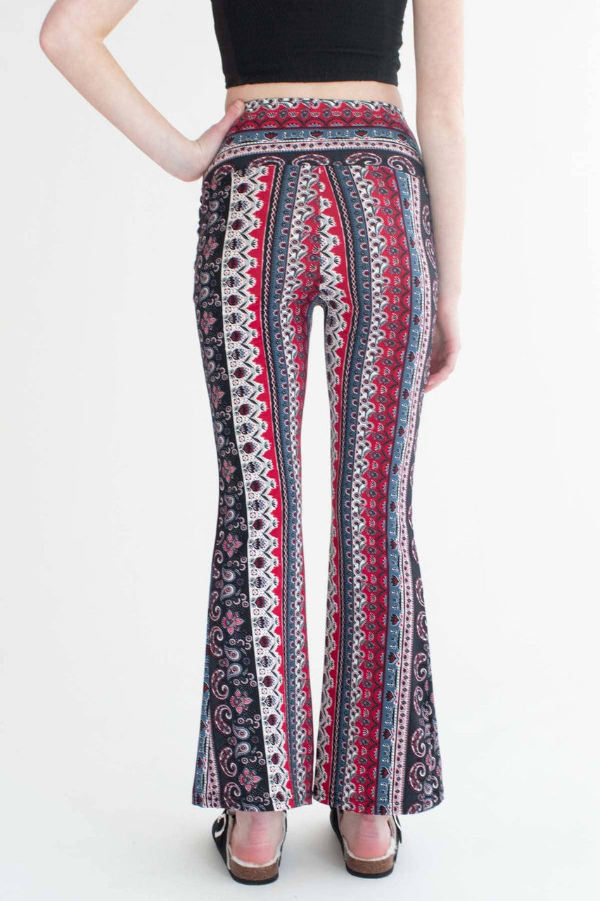 Burgundy Prairie Floral Border Print Bell Bottoms