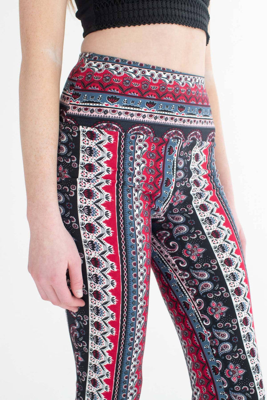 Burgundy Prairie Floral Border Print Bell Bottoms