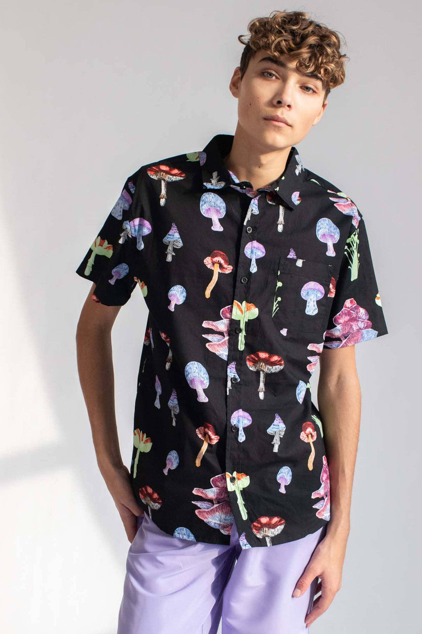 Bioluminescent Mushrooms Woven Button Up Shirt