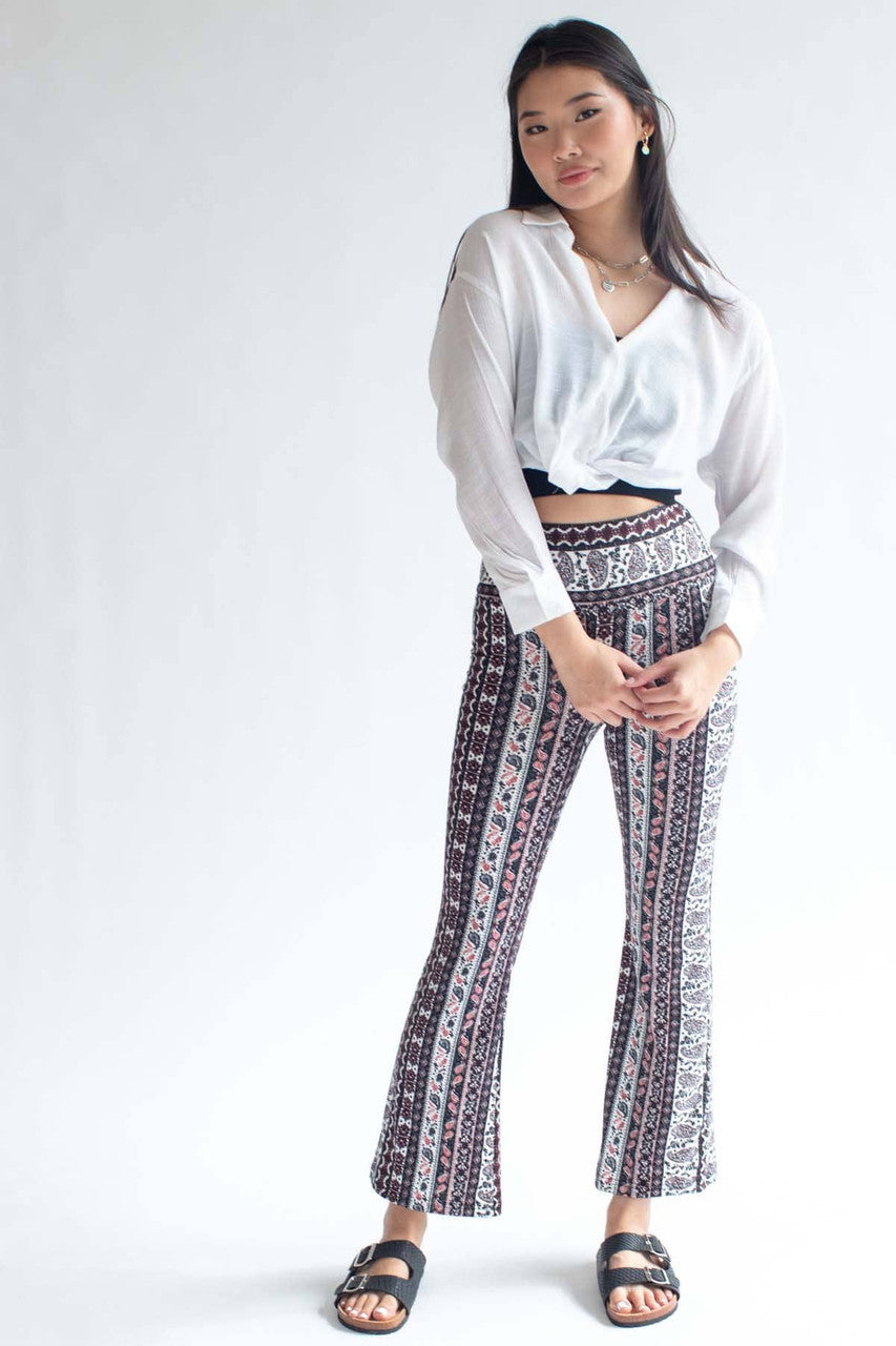 Burgundy Mini Paisley Print Bell Bottoms