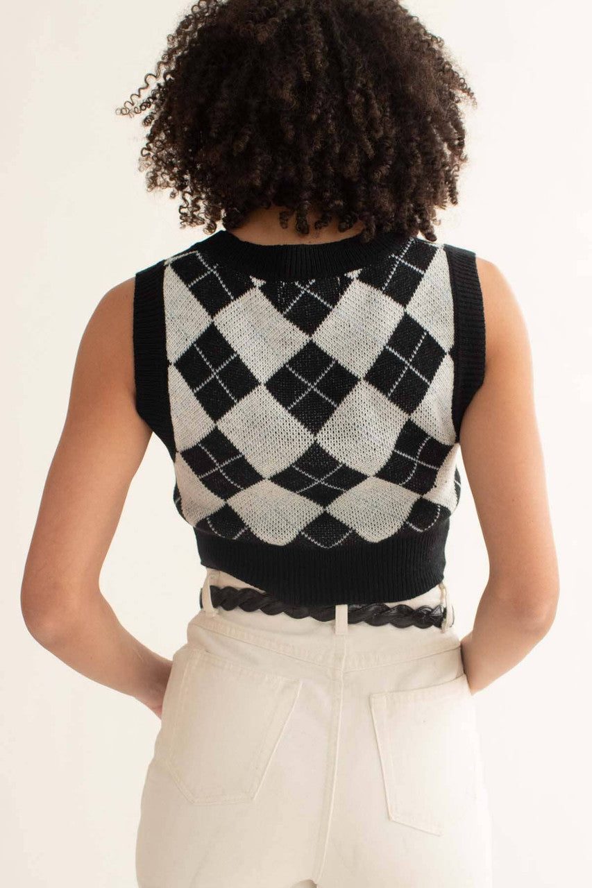 Black Argyle Shrunken Sweater Vest