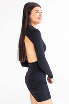 Black Backless Mock Neck Long Sleeve Dress