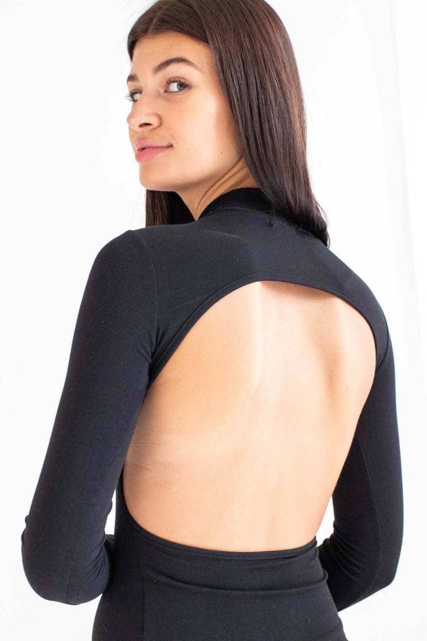 Black Backless Mock Neck Long Sleeve Dress