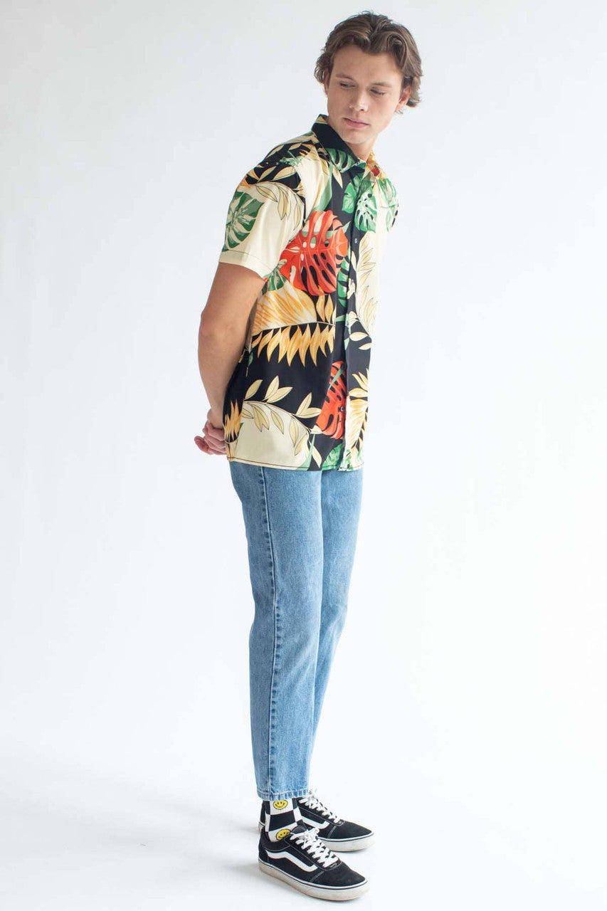 Black & Beige Island Leaves Button Up Shirt