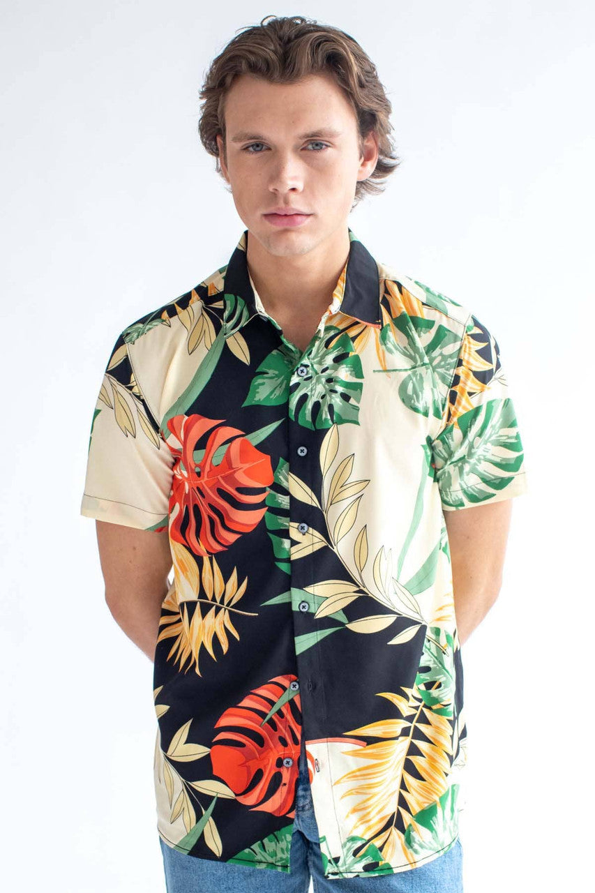 Black & Beige Island Leaves Button Up Shirt