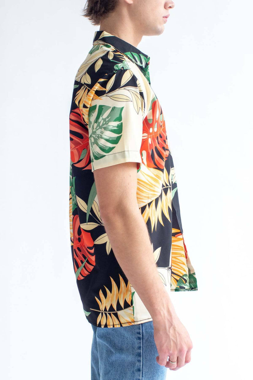 Black & Beige Island Leaves Button Up Shirt