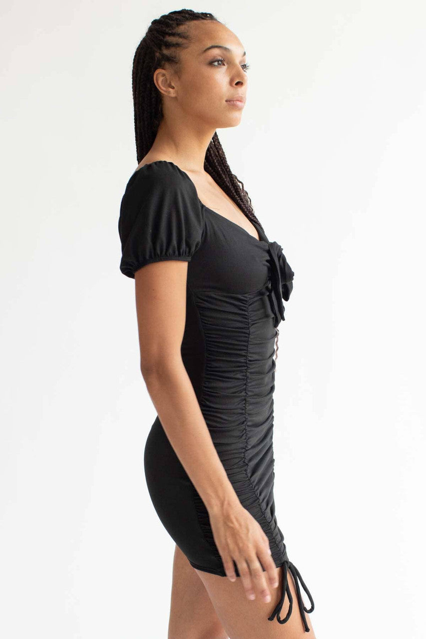 Black Bow Ruched Body Mini Dress
