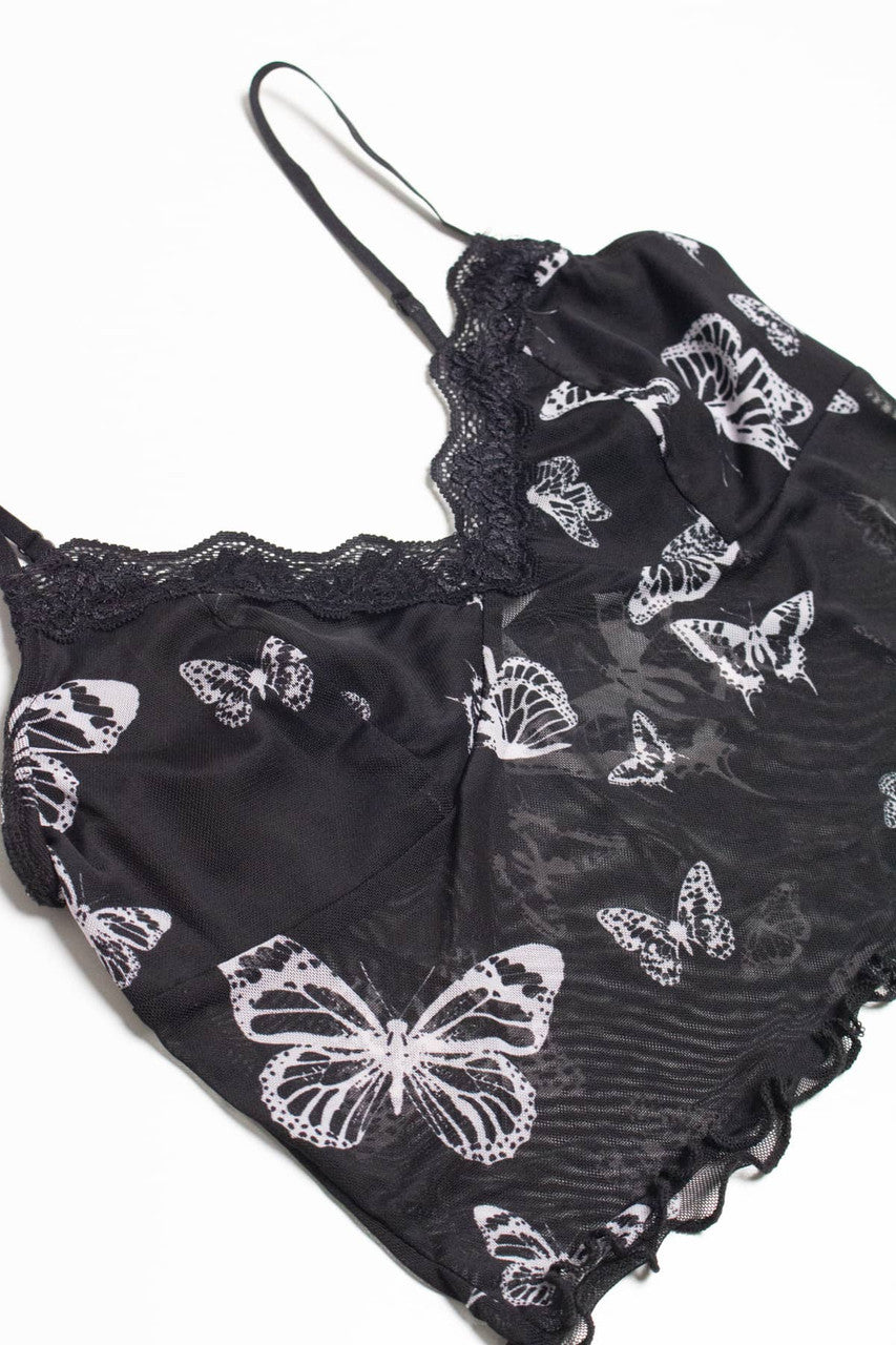 Black Butterfly Lace Trimmed Mesh Cami