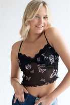 Black Butterfly Lace Trimmed Mesh Cami