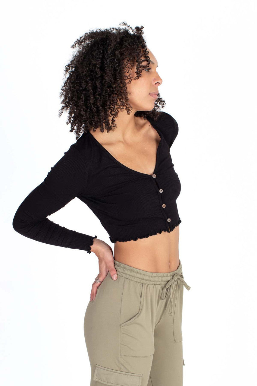 Black Button Down Long Sleeve Crop