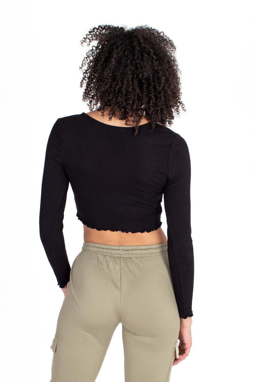 Black Button Down Long Sleeve Crop
