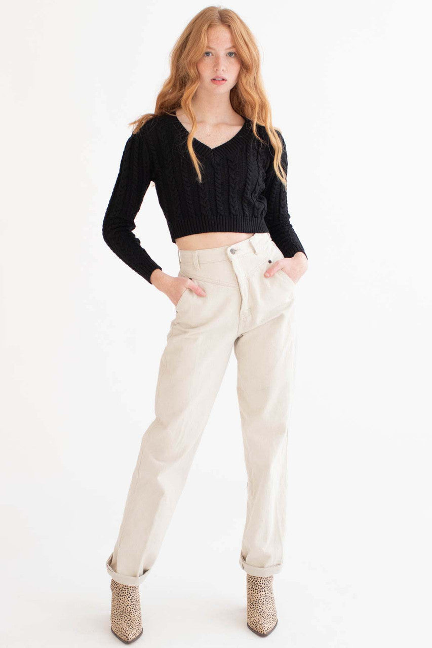 Black Cable Knit Cropped Sweater