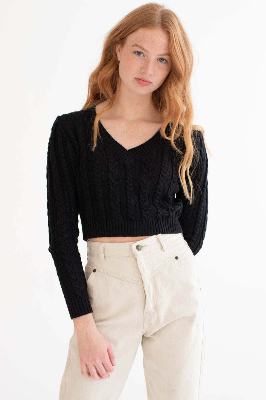 Black Cable Knit Cropped Sweater