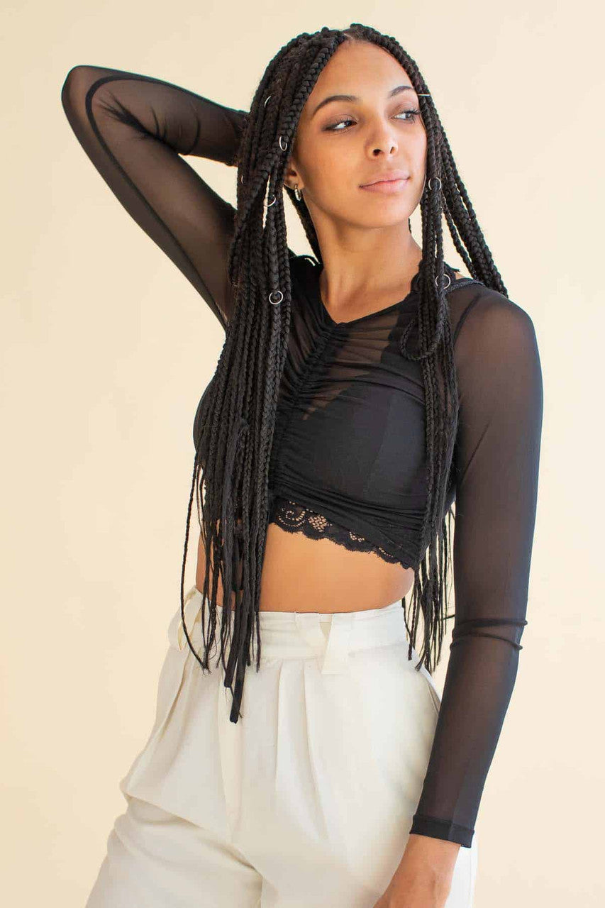 Black Cinch Front Mesh Crop Top