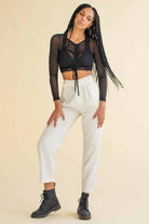 Black Cinch Front Mesh Crop Top