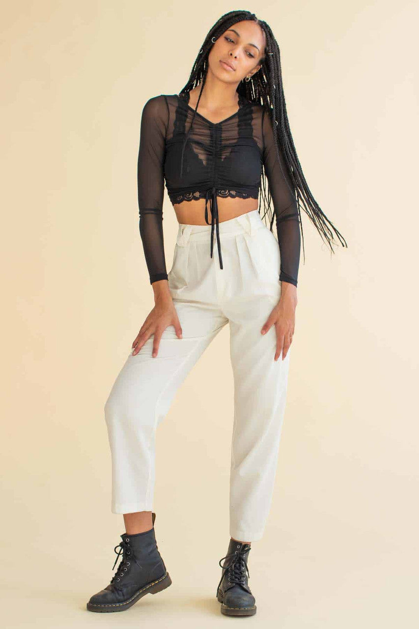 Black Cinch Front Mesh Crop Top