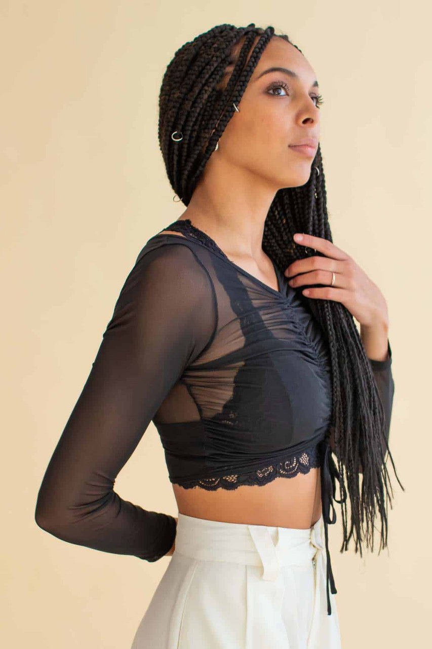 Black Cinch Front Mesh Crop Top