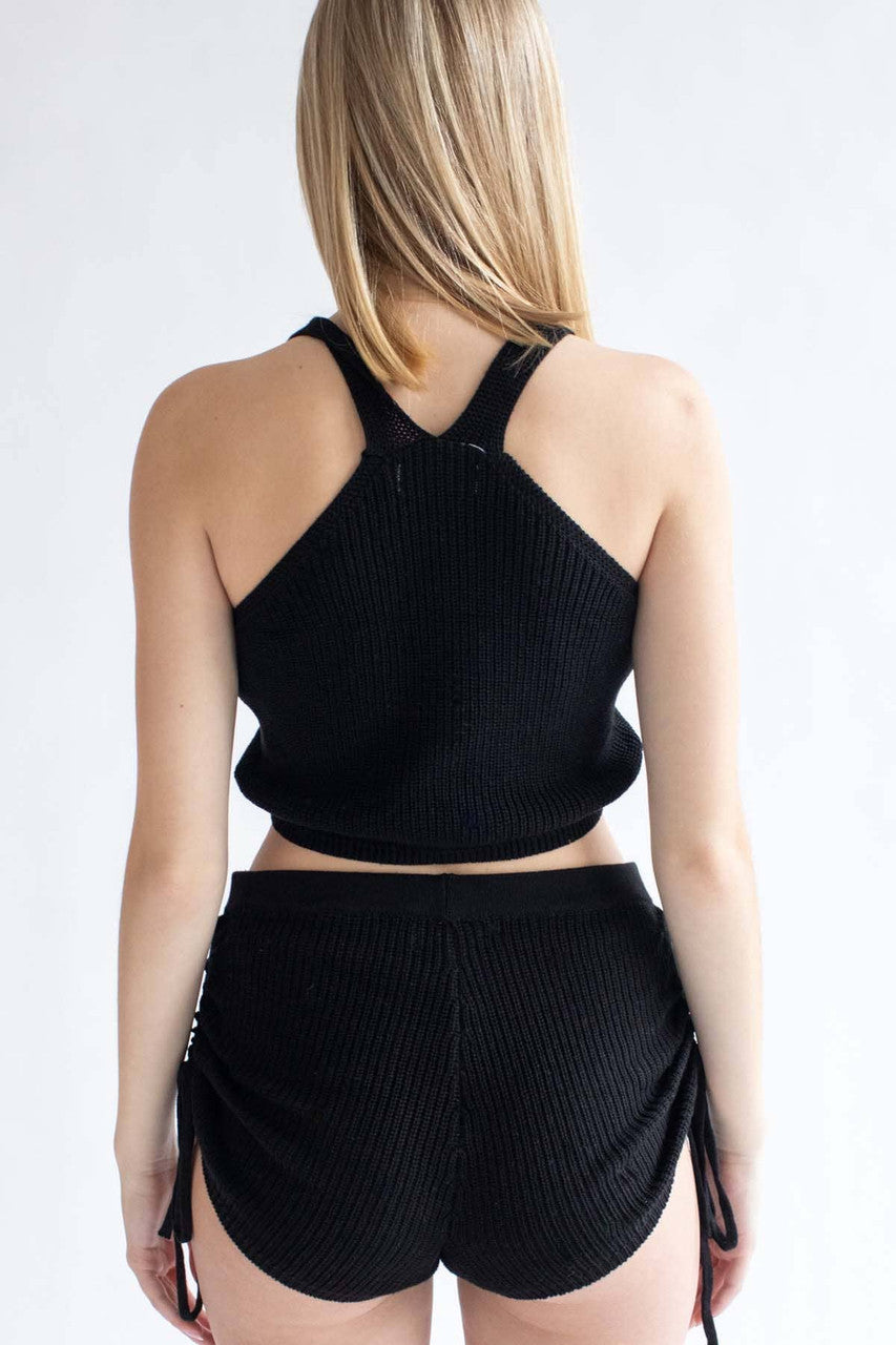 Black Cinched Knit Cami & Shorts Set