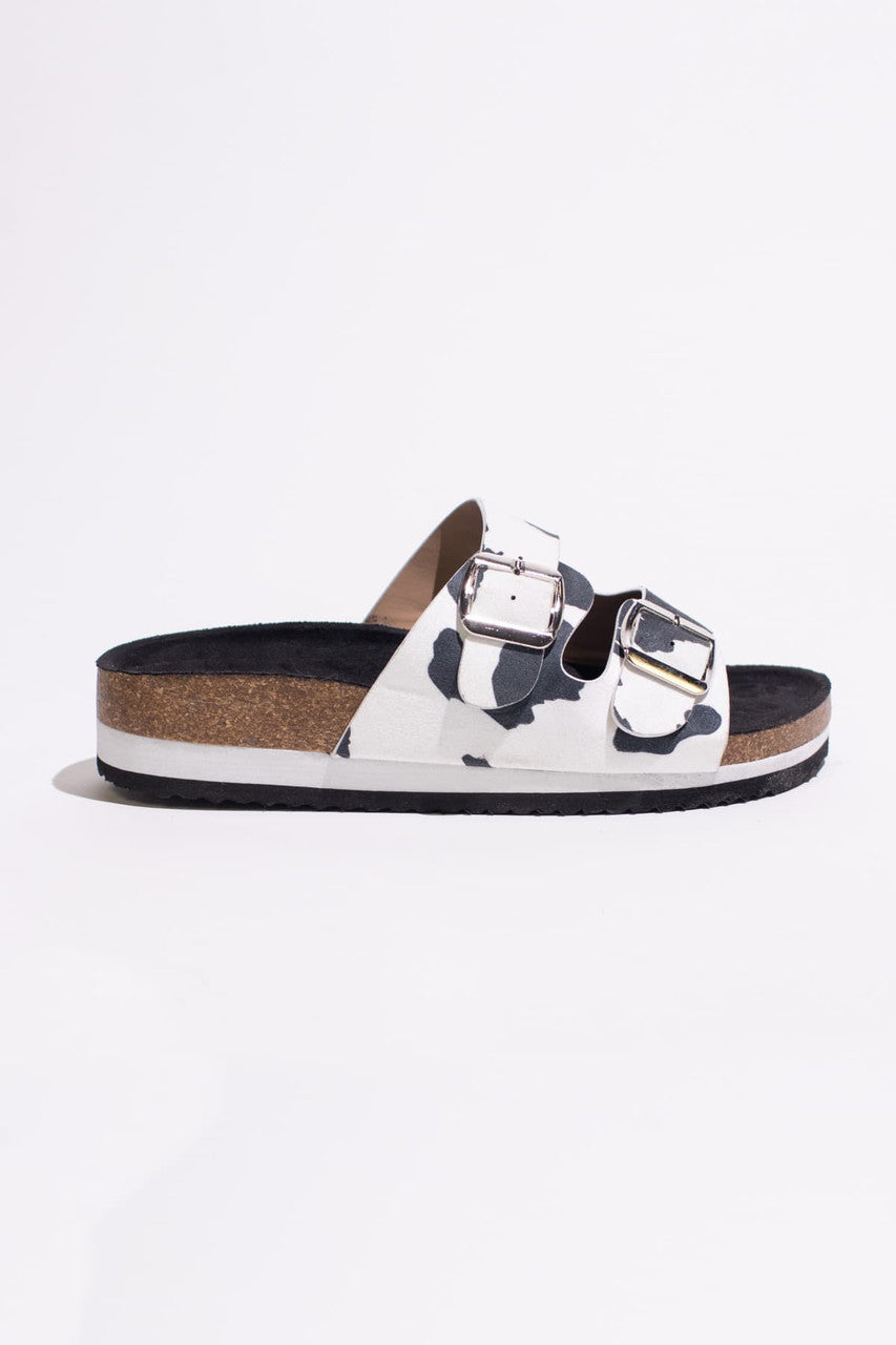 Black Cow Print Platform Buckle Sandals