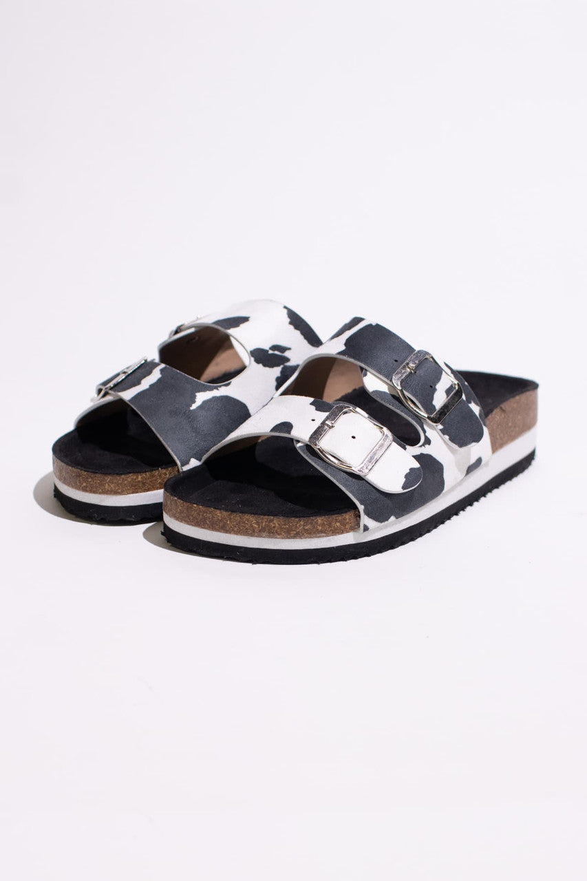 Black Cow Print Platform Buckle Sandals