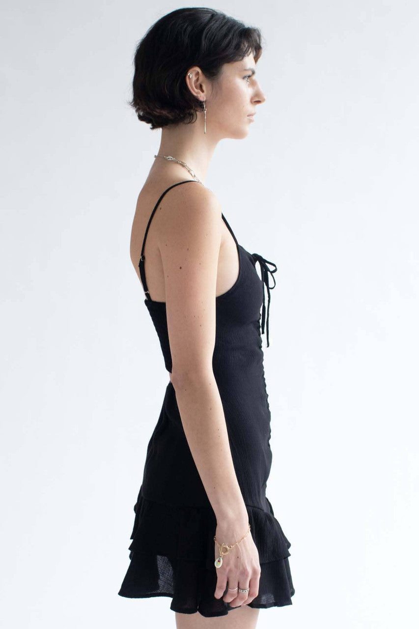 Black Crepe Ruched Front Party Dress