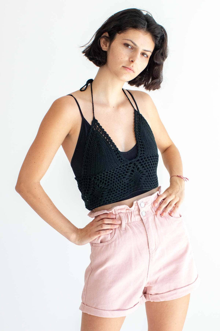 Black Crochet Tie Halter Top