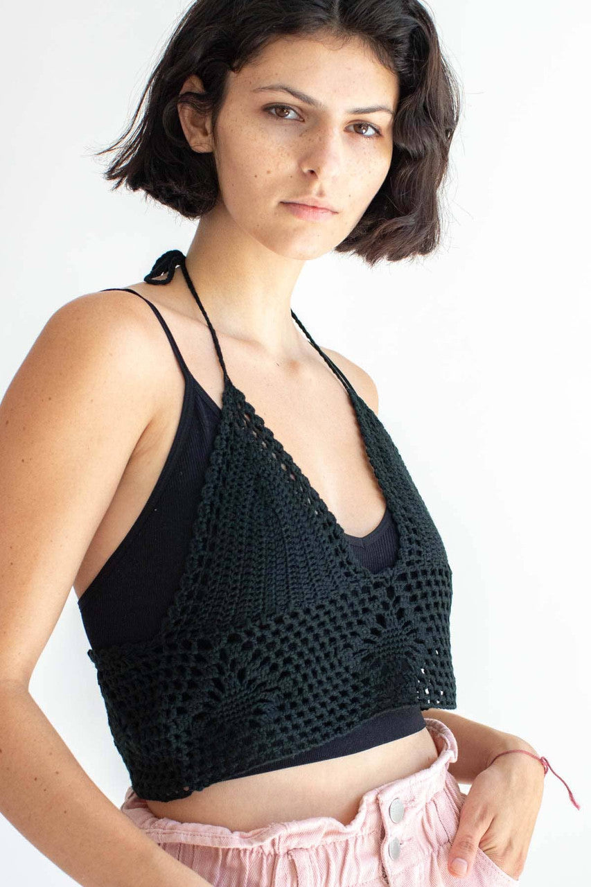 Black Crochet Tie Halter Top