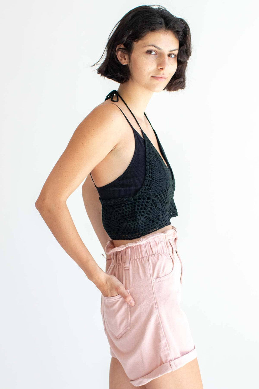 Black Crochet Tie Halter Top