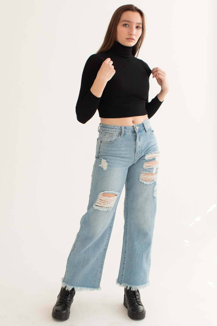 Black Ribbed Cropped Turtleneck Sweater
