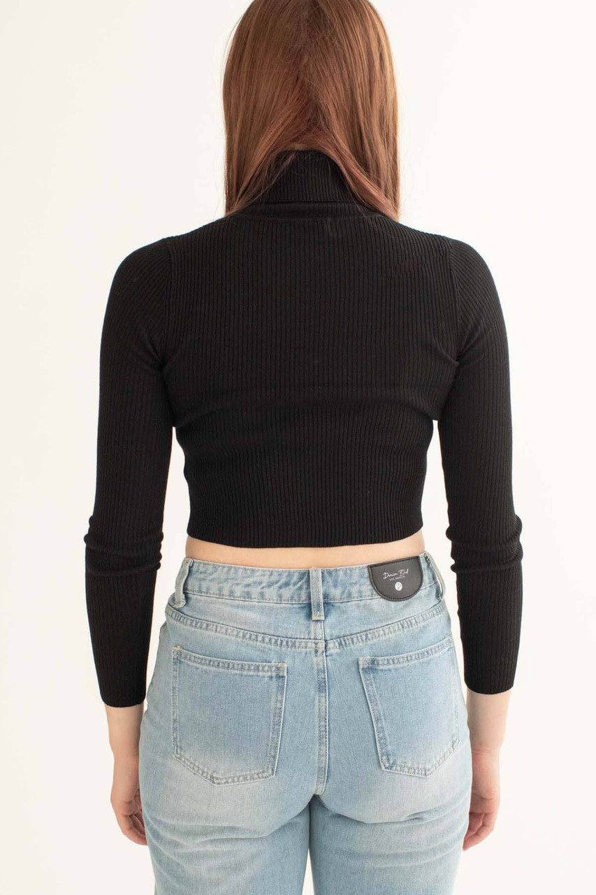 Black Ribbed Cropped Turtleneck Sweater