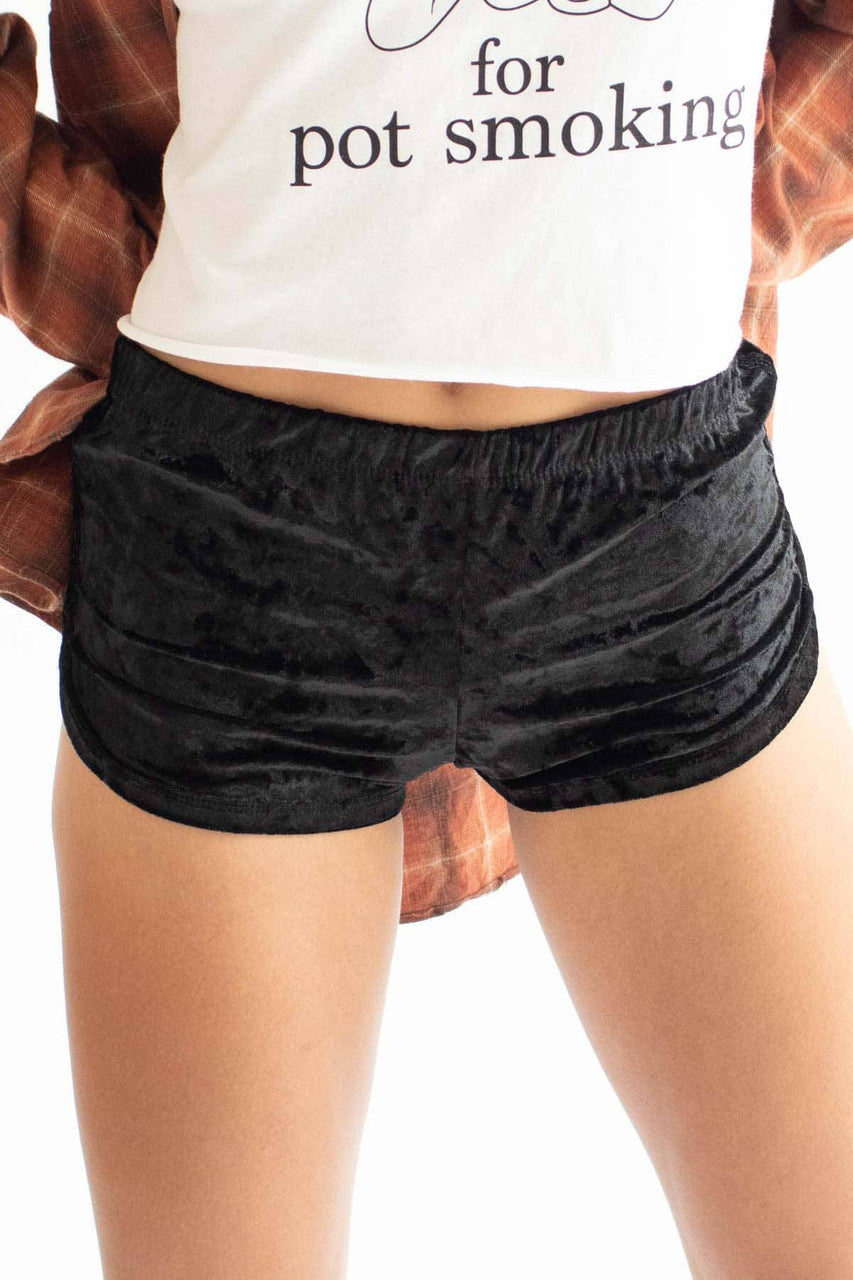 Black Crushed Velvet Dolphin Shorts